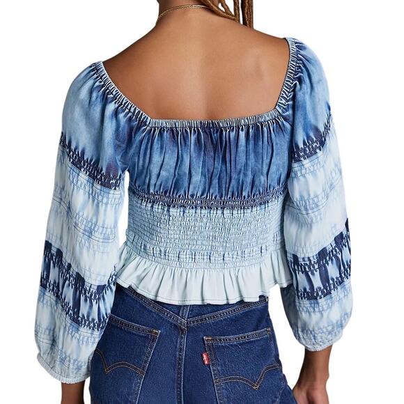 Anthropologie Pilcro Blue Ombre Chambray Smocked Square Neck Cropped Top - Picture 2 of 14
